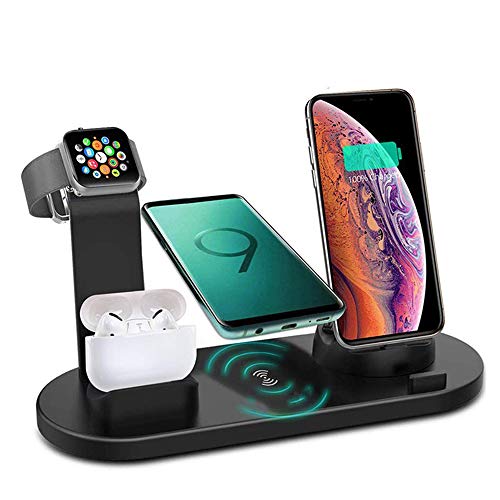 4 en 1 estaci�n de carga inal�mbrica, 360 c� Base de carga giratoria para tel�fonos Apple/Micro/Type C, Qi Fast Wireless Base de carga para iWatch Series, Airpods, iPhone, Samsung Galaxy