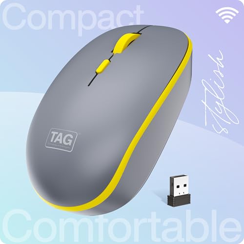 Image of TAG WM500 Grey /Yellow Wireless Mouse, 2.4GHz USB Receiver, Dedicated DPI Button (800 /1200 /1600), 4 Buttons, Ambidextrous & Light, Power-Saving, 10m Range, 1x AA Battery, Supports Windows /Mac /Linux /iOS