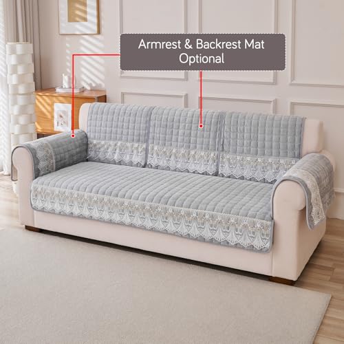 Image of HOKIPO 'BelleLace Series' 6 Seater Sofa Cover Mat in 3 Seater and 2 Seater and 1 Seater Configuration | Imperial Milk Velvet Mat with Anti Slip Backing, Cloud Grey (AR-5966+5964+5962-LGRY)