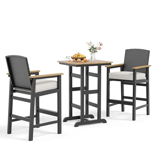 SUNSHINE VALLEY Outdoor Bar Set 3 Piece, All Weather HDPE High Top Table and Wicker Bar Chairs with 3.2” Cushion, Bar Height Patio Set for Backyard Poolside, Black