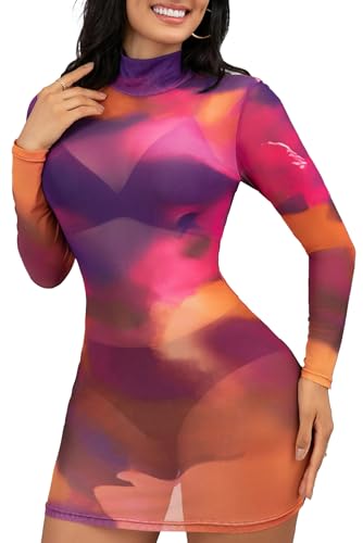 Image of Sexy Long Sleeve Mini Dress for Women Sheer Mesh Printed Crew Neck Bodycon Party Clubwear See Through Dresses