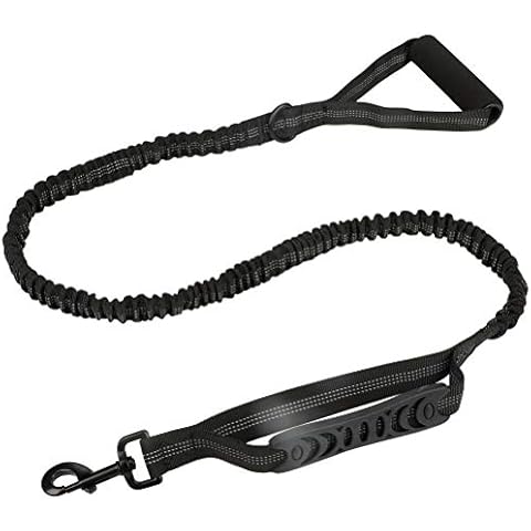 HIMREYLD Bungee Dog Lead Strong Leash Shock Absorbing 4-6 FT - Reflective Stitching for Safe Night Walking with Foam Barrel and Traffic Control Handle - Black Cover
