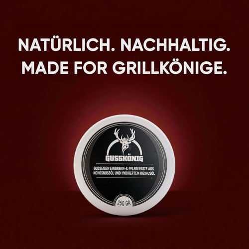 GUSSKÖNIG Gusseisen Pflegepaste 250 ml – Made in Germany – 100% natürliche Pflege mit Bienenwachs & Kokosöl – für Dutch Oven, BBQ & Kazan Gusseisen – Einbrennen & Rostschutz für Pfannen & Grillplatten