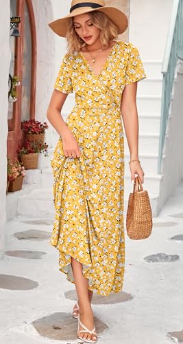 Image of WNEEDU Women's Summer Maxi Dress Short Sleeves Wrap V Neck Long Dresses with Pockets