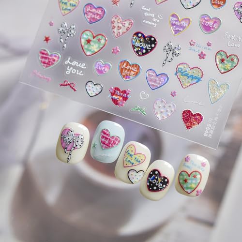 Image of Colorful Heart Nail Stickers - Love Lettering & Bow Design 5D Sparkle Self Adhesive Nails Decals for Women Cute Manicure DIY Decoration (1 Sheet)