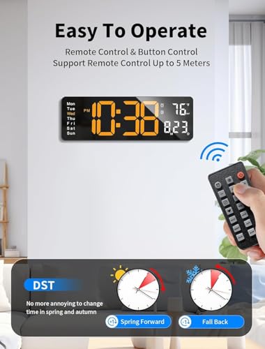 Image of 15-Inch Digital Wall Clock with Large LED Display - Remote Control, Auto-Dimming, Night Light, Date, Day, Temperature, DST Function - Ideal for Living Room, Bedroom (16 Inch Orange)
