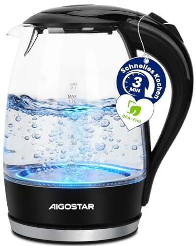 Aigostar Adam - Wasserkocher Glas 1,7 Liter, 2200 Watt, LED-Beleuchtung, 100{9976ce2f39442f80428f9de17fd60bbb5d0f9008b78d3dbdaa4cfd4d15d692ab} BPA Frei, Verdicktes Borosilikatglas Wasserkocher mit Kalkfilter, 360° Edelstahl Sockel, Trockenaufschutz, Schwarz Aigostar Adam - Wasserkocher Glas 1,7 Liter, 2200 Watt, LED-Beleuchtung, 100{9976ce2f39442f80428f9de17fd60bbb5d0f9008b78d3dbdaa4cfd4d15d692ab} BPA Frei, Verdicktes Borosilikatglas Wasserkocher mit Kalkfilter, 360° Edelstahl Sockel, Trockenaufschutz, Schwarz