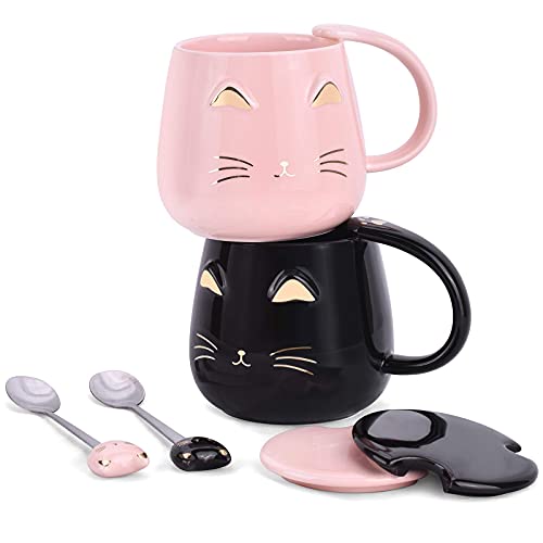 Anglice Home Cute Black and Pink Cat Mugs Set, Funny Ceramic Coffee Mugs with Spoon and Lid, Novelty Coffee Mug Cup for Valentines Day Wedding