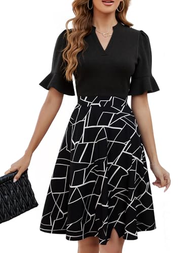 Image of Mokayee Womens Summer V Neck Ruffle Short Sleeve Fit and Flare Knee Length Church Wedding Guest Dresses with Pockets
