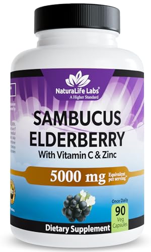 NaturaLife Labs Sambucus Elderberry Capsules with Vitamin C & Zinc Immune Support Supplement 90 Vegan Capsules Non-GMO & Gluten-Free