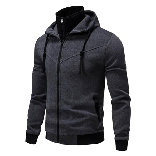 Zip Up Hoodie Men Double Zipper Cool Mens Training Hiking Sweatshirts Fashion Stand Collar Casual Jacket Lightweight Dark Gray