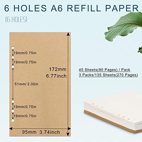 Toplive A6 Refill Paper, [3 Pack] 6-Holes Loose Leaf Paper Blank Refillable Paper Folder Filler Paper 135 Sheets 270 Pages for 6 Ring Portfolio Refillable A6 Binder Organizer Notebook Planner
