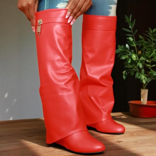 Liliana Women Fold Over Knee High Boots Wedge Heel Padlock Pull-on Boots MUTTO-13
