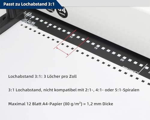 RAYSON Bindemaschine, 34 Löcher, A4, 12 Blatt Stanzen, Robuste Metallkonstruktion, PT-1201