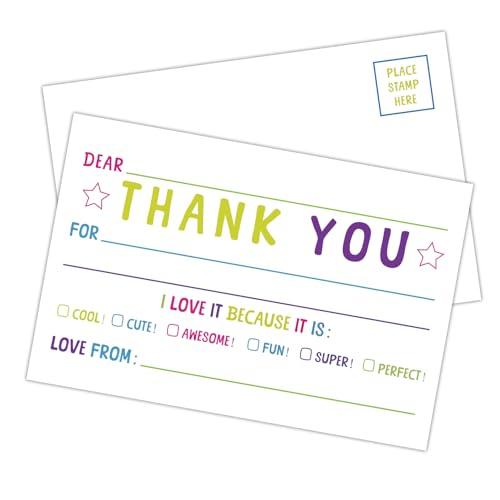 Zgogy Fun and Colorful Thank You Postcards for Kids 4x6 No Envelope Needed Double Sided Post Cards, 25 PCS Kids Thank You Cards Fill in the Blank Birthday Postcards for Birthday Party and Event-20