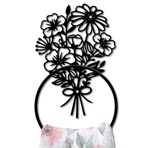 MAYJOYDIY Bouquets Metal Towel Ring Daisy Flowers Hand Towel Holder Round French Floral Towel Hangers Black Bathroom Towel Rack Wall Mounted for Kitchen Bath Home Laundry Room Decors Gifts