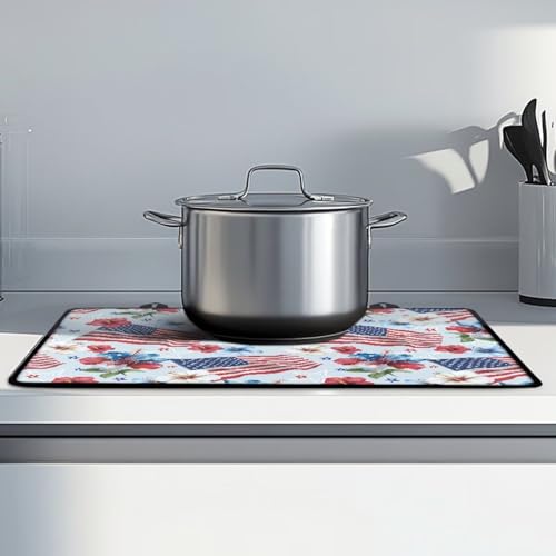 Image of Poceacles Electric Stove Top Cover Glass Stove Top Heat Resistant Oil Resistant Cooktop Protector Cover for 4th of July Patriotic Party Decor, American Flag Hibiscus Flower Blue