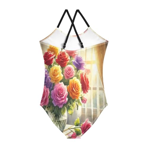 Roses Window Colorful Swimsuit for Girls Bathing Suit One Piece Swimsuits Summer Beach Swimwear2
