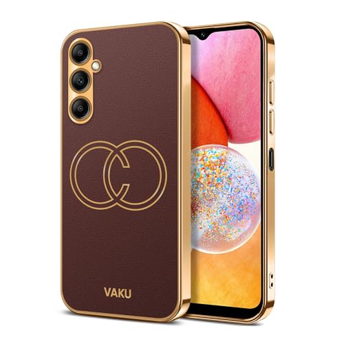 Image of Vaku Luxos Skylar Back Cover Case for Samsung Galaxy A14 5G with Leather Pattern Design Gold Electroplated Soft TPU Cover| Shockproof Protective Case - Brown