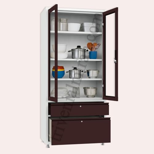 Image of Triveni Almirah Annapurna-5 Steel Wardrobe for Kitchen & Home Use | 10 Year Guarantee on Paint & Locks | 2-Door Glass Almirah with 2 Drawers | Separate Locks for Doors & Drawers | Powder-Coated Finish