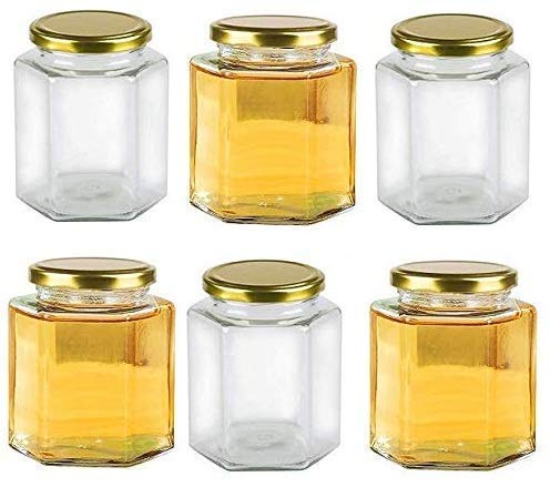 Image of Hexagon Shape Glass Jar and Container (250 ml) with Rust Proof Air Tight Lid - PACK OF 6