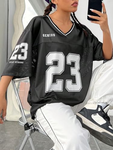 Verdusa Jersey Shirts for Women Y2K Graphic Tees Oversized Streetwear Letter Print T Shirt V Neck Tee Top3