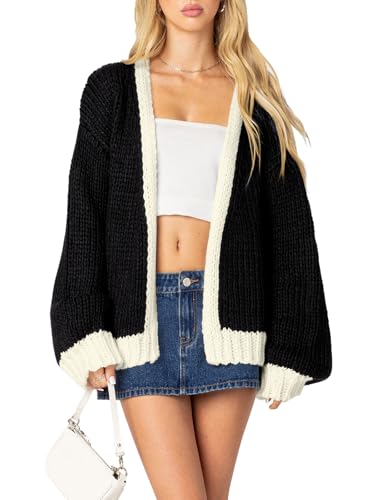 Image of Women's 2025 Fall Long Sleeve Cable Knit Sweater Color Block Open Front Cardigan Chunky Loose Outerwear Coats