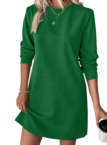 BLENCOT Womens Long Sleeve Pullover Sweatshirt Dress for Women Fall Winter Casual Loose Crewneck Textured Mini Dresses Sport Workout with Pockets Dark Green Large