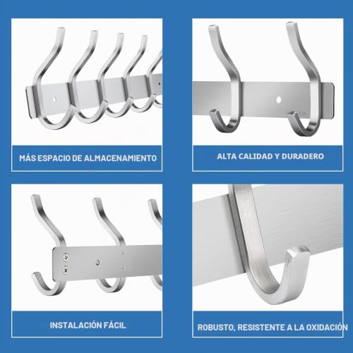 Miniatura 6 de Meijo Percheros Pared Con 6 Ganchos, Ganchos Perchas De Montaje En Pared Acero Inoxidable Colgadores Ganchos Perchero Para Entrada, Cocina, Baño 6 Ganchos, Plata