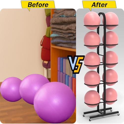 Ruchomy dwustronny stojak do przechowywania piłek do jogi – 6-warstwowy wózek na kółkach do domu na siłownię sprzęt fitness oszczędzający miejsce design i wszechstronny