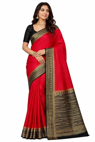 Image of JAYESKAY Semi Mysore Crepe Silk Blend Saree for Women | Red Black Contrast | Lightweight Soft Saree | Zari Border | Daily, Office Wear | Blouse Piece Included