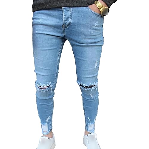 Jeans slim stretch hommes : pantalon de mode décontracté droit et usé confortable