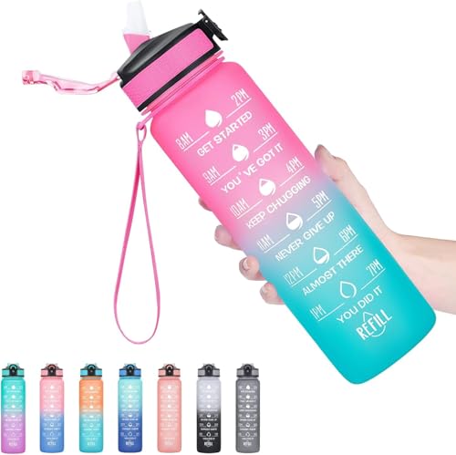 Image of TEKCOOL Motivational 1L Capacity Pink Green Plastic Bottle with Straw | Leakproof, Durable, BPA-Free | Ideal for School /College /Office /Travel, Sports /Outdoor Activities /