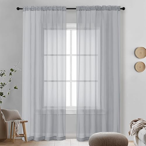 Image of OVZME Light Grey Sheer Curtains 90 Inches Long 2 Panels - Soft Light Filtering Window Sheer Panels for Living Room /Bedroom, Top Dual Rod Pocket, 1 Pair, Each 42Wx90L Inches