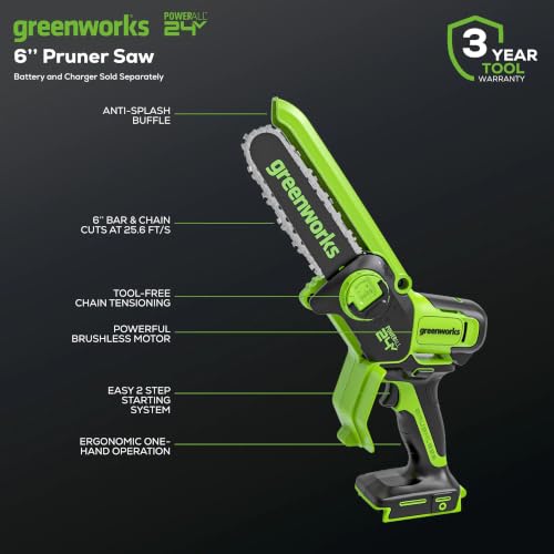Image of Greenworks 24V 6 inch Mini Chainsaw Cordless, Handheld Electric Power Chain Saw Tool Only, for Tree Trimming and Pruning