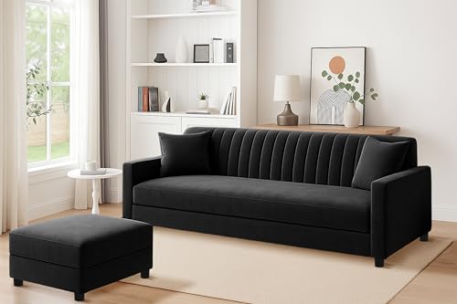 Image of Los Angeles Modern 3-Seater Wooden Sofa Set with Ottoman, Soft Velvet Upholstery, Comfortable Couch for Living Room, Office & Apartment - Black Color