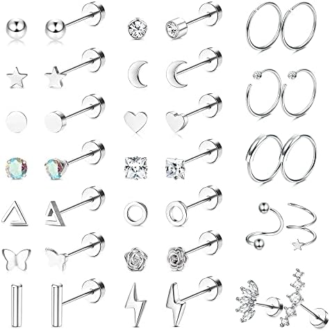 Morfetto Cartilage Stud Earrings Set for Women Stainless Steel 18G Cartilage Hoops Helix Tragus Earrings Tiny Geometric Moon Star Heart Flat Back Stud Earrings Piercing Jewelry