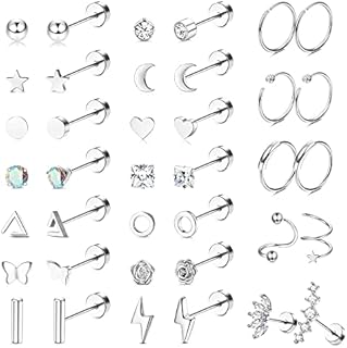 Morfetto Cartilage Stud Earrings Set for Women Stainless Steel 18G Cartilage Hoops Helix Tragus Earrings Tiny Geometric Moon Star Heart Flat Back Stud Earrings Piercing Jewelry