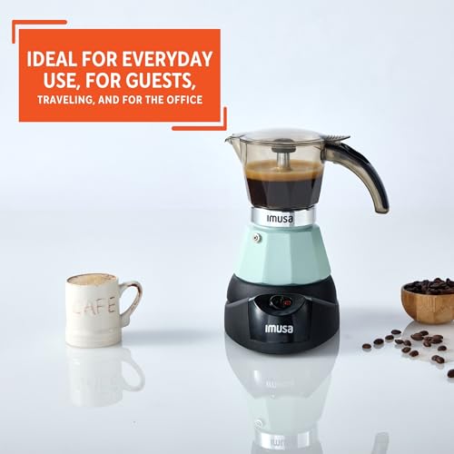 Image of IMUSA 3 or 2 Cup Electric Mint Espresso Maker, Compact Moka Coffee Machine with Keep Warm Function, Detachable Base, Cuban & Italian Coffee Brewer, Mint & Black