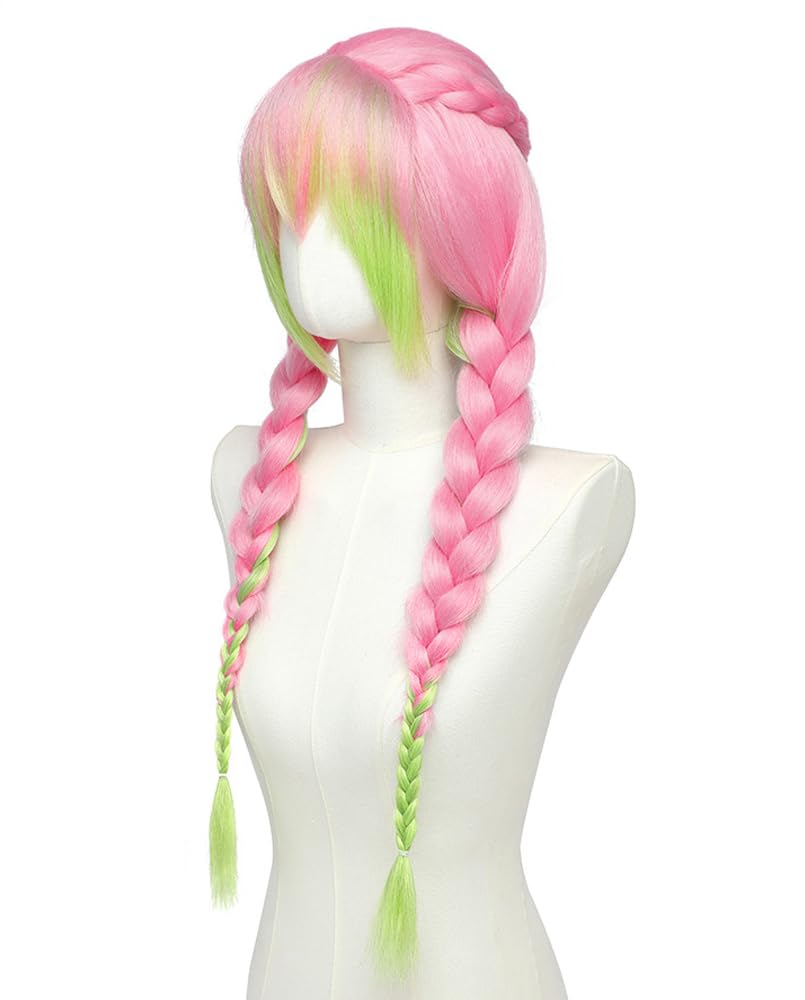 PORSMEER Anime Pink and Green Wig for Mitsuri Cosplay Braided Hair Wig with Pigtails Halloween Party, 19.6'' - 23.6'' - Image 3