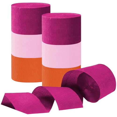 Rose Red Pink and Orange Crepe Paper Streamers, Party Streamer Decorations for Various Party Festival Decorations, 6 Rolls