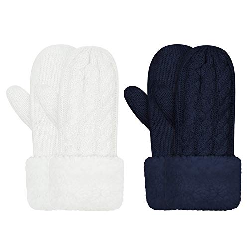 Winter Mittens Gloves for Toddler Baby Kids Newborn, Fleece Lined Warm Cute Thick Thermal Knitted Gloves Mittens For Boys Girls(white+navy blue)