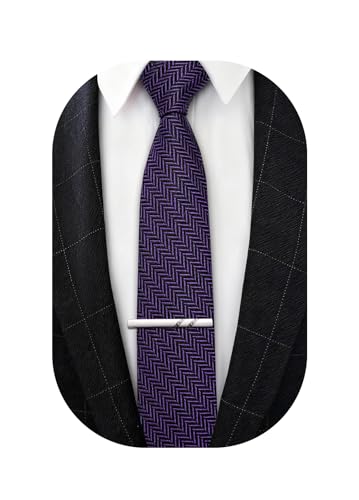 Image of Barry.Wang Skinny Ties for Men Wool Blend Herringbone Necktie with Tie Clip | Tie and Tie Clip Set, Cashmere Wool Stripe, 2.76 x 63 Inches, Extra Long Slim, Wedding Work Party Classic
