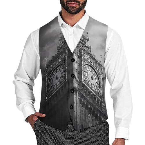 Big Ben London White And Black Suit Vest for Men Slim Fit Sleeveless Jacket V Neck Business Waistcoat Button Up Dressy Top