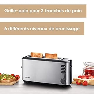SEVERIN Grille-pain automatique 1 000 W, Toaster compact 1 fente jusqu'à 2 tranches, Grille-pain électrique avec réglage du degré de brunissage & fonction décongélation, inox/noir, AT 2515