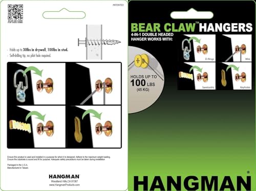 Image of Hangman Products Double Headed Bear Claw Hanger 4-in-1 Picture Hanging Screws Hooks for D-Rings, Sawtooth, Wire and Keyhole Frames up to 100LBS (100 Pack) 1 inch, Gold, BCK-100