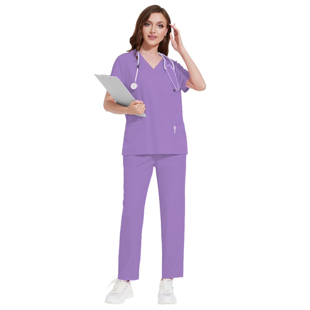 DK77 – Uniforme médical pour femme avec col en V, manches courtes, pantalon droit, 8 poches, cordon de serrage extensible, évacuation de l'humidité