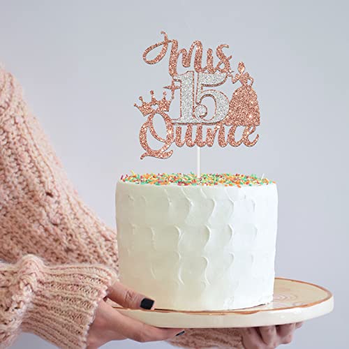 Rose Gold Glitter Mis Quince 15 Cake Topper, Happy 15Th Birthday Cake Topper, Girls 15Th Birthday Party Decorations Supplies #TOP3