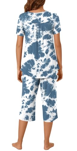 Image of Womens Summer Pajama Sets 2 Piece Short Sleeve Top and Capri Pants Plus Size Ladies Lounge Pjs Sets with Pockets