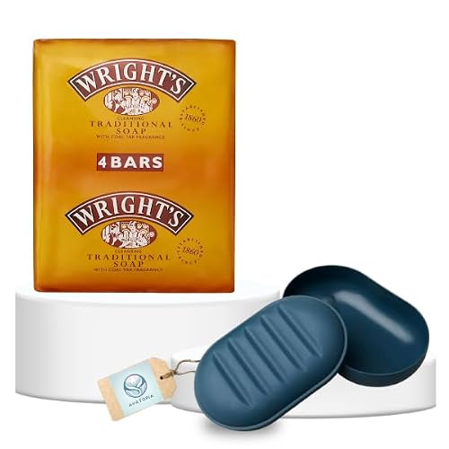 Image of Wrights Traditional Bar Soap 125g Multipack of 4 with Portable Dish Tray and Lid | Coal Tar Soap for All Skin Types | Antibacterial Hand Bar & Natural Original Multipack for Home, Gym, and Travel